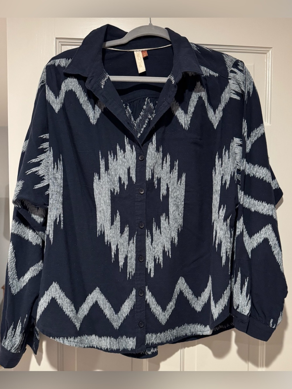 Pilcro Navy Button-Front Shirt with Light Blue Geometric Pattern